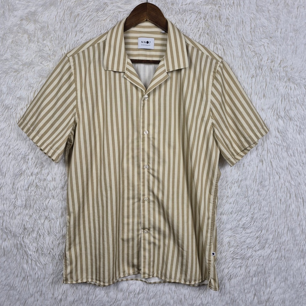 NN07 No Nationality Miles 5036 Khaki Stripe Short Sleeve Camp Collar Shirt L